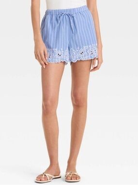 Future Collective Blue Stripe High Rise Eyelet Hem Poplin Pull-On Shorts